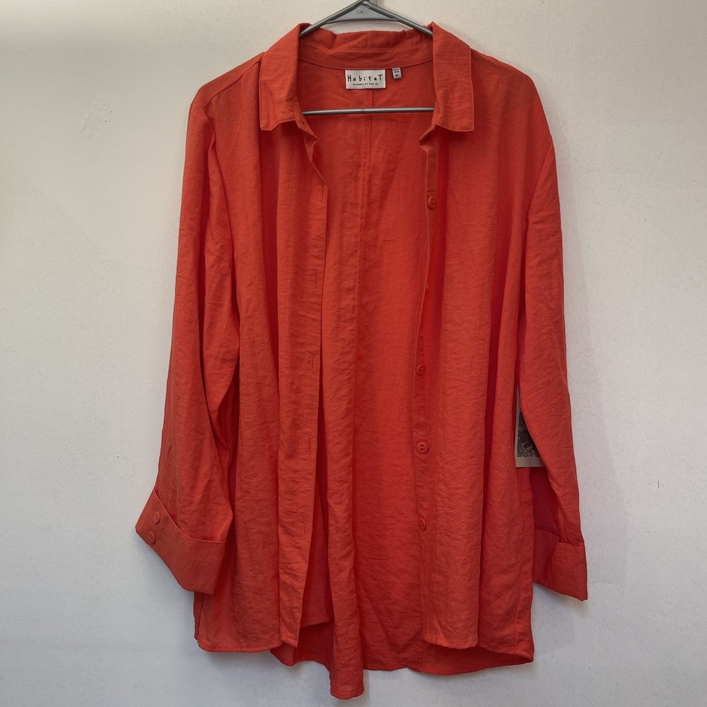 Habitat Top Womens Tomato Red Button-Up Size XL HI-LO Hem 3/4 Sleeve Lightweight